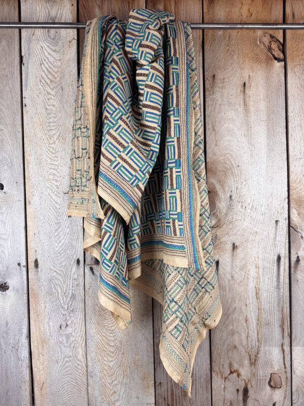 A tussar silk scarf/shawl hand-embroidered with traditional motifs by a NGO in West Bengal