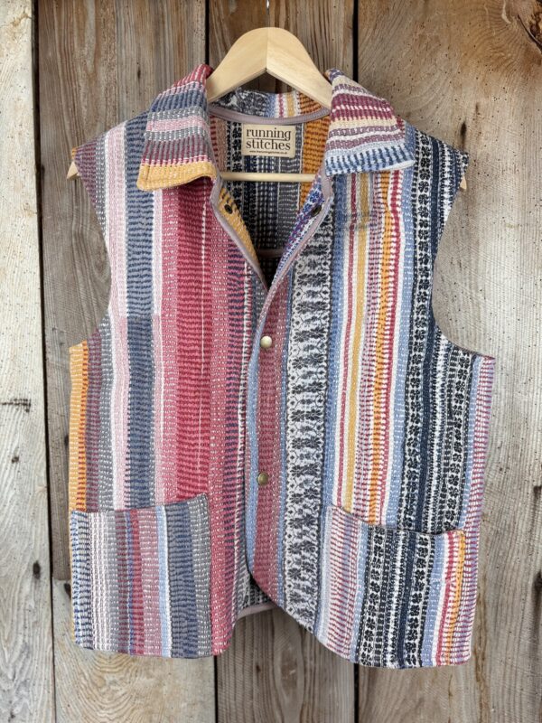 Vintage cotton Kantha Waistcoat with finely hand stitched details, rich textures and colours.
