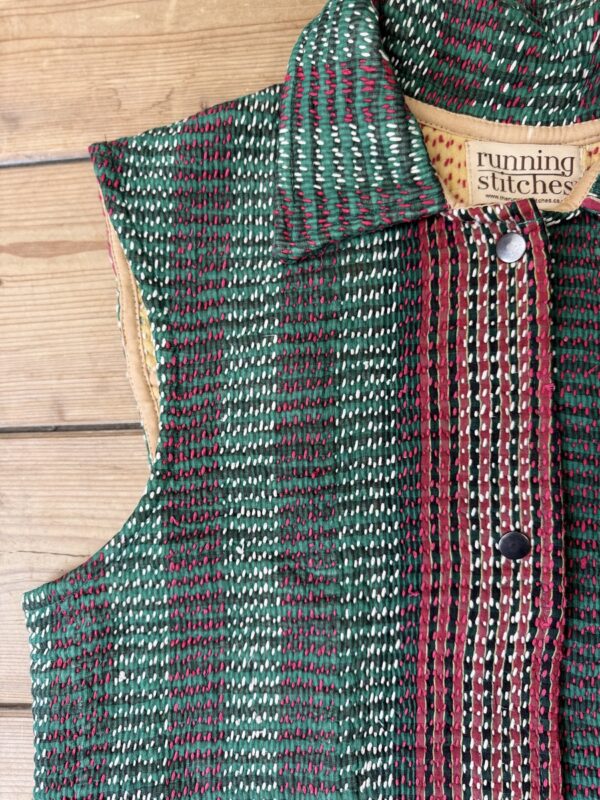 Vintage cotton Kantha Waistcoat with finely hand stitched details, rich textures and colours.