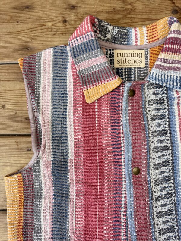 Vintage cotton Kantha Waistcoat with finely hand stitched details, rich textures and colours.