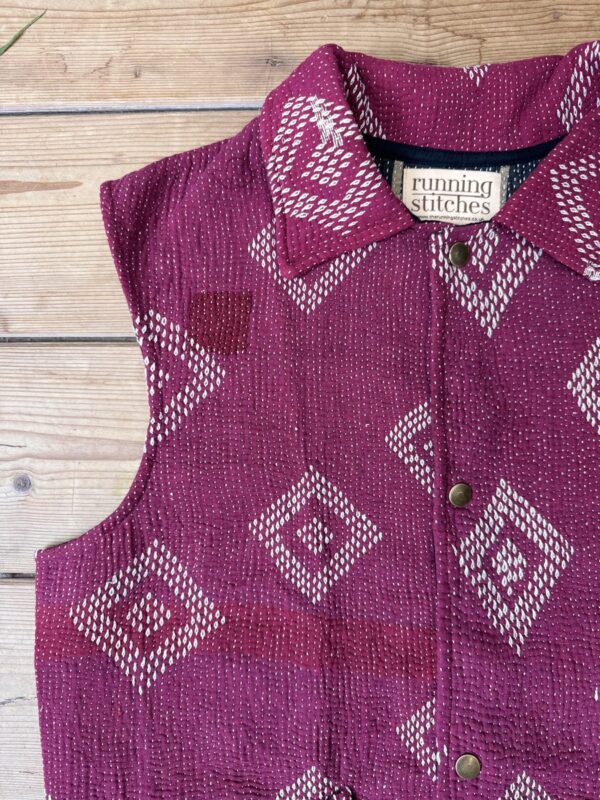 Vintage cotton Kantha Waistcoat with finely hand stitched details, rich textures and colours.