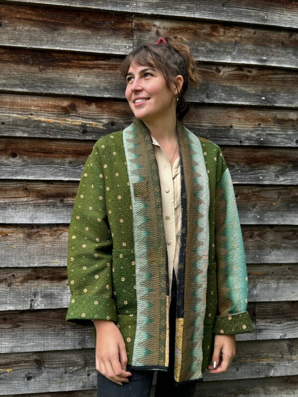 Vintage cotton Kantha Jacket with finely hand stitched details, rich textures and colours.