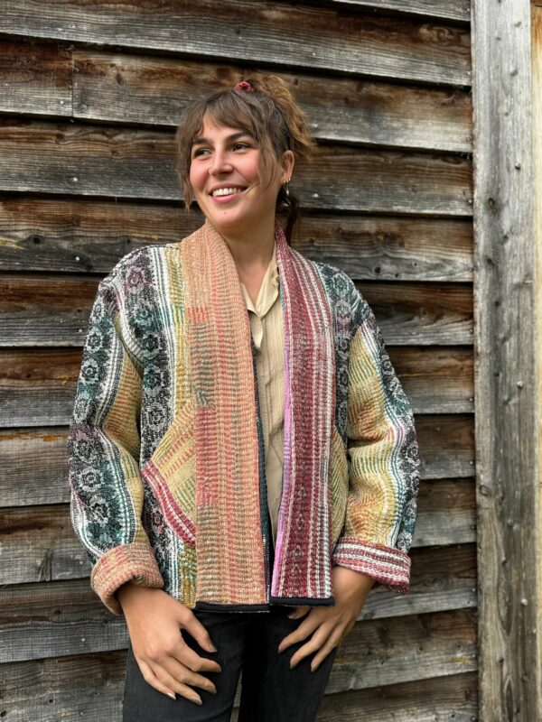 Vintage cotton Kantha Jacket with finely hand stitched details, rich textures and colours.