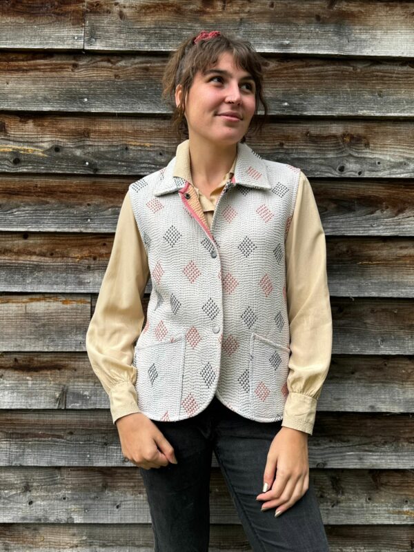 Vintage cotton Kantha Jacket with finely hand stitched details, rich textures and colours.