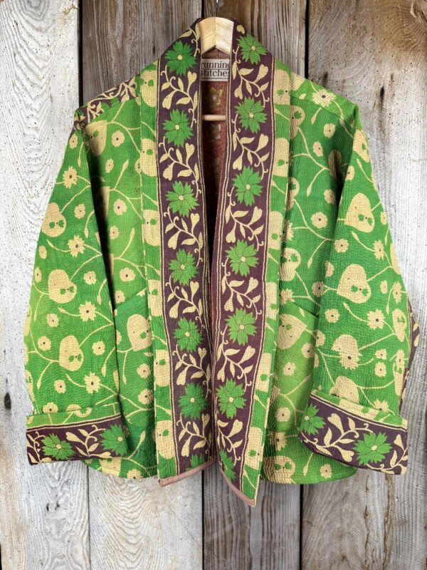 Vintage cotton Kantha Jacket with finely hand stitched details, rich textures and colours.