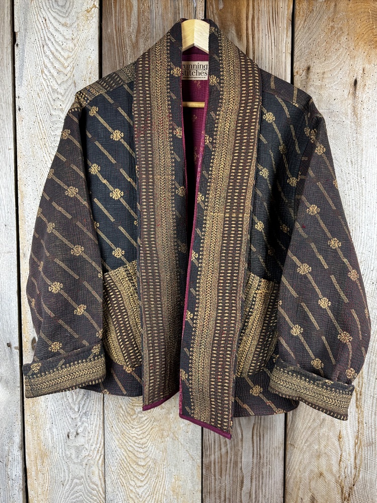 Vintage cotton Kantha Jacket with finely hand stitched details, rich textures and colours.