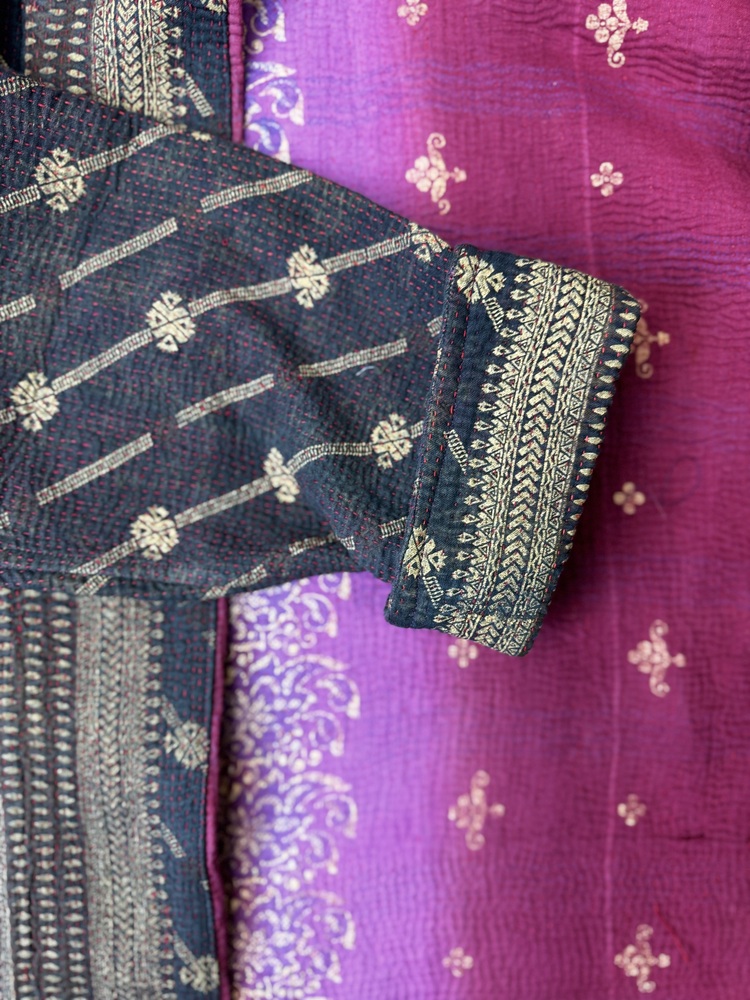 Vintage cotton Kantha Jacket with finely hand stitched details, rich textures and colours.