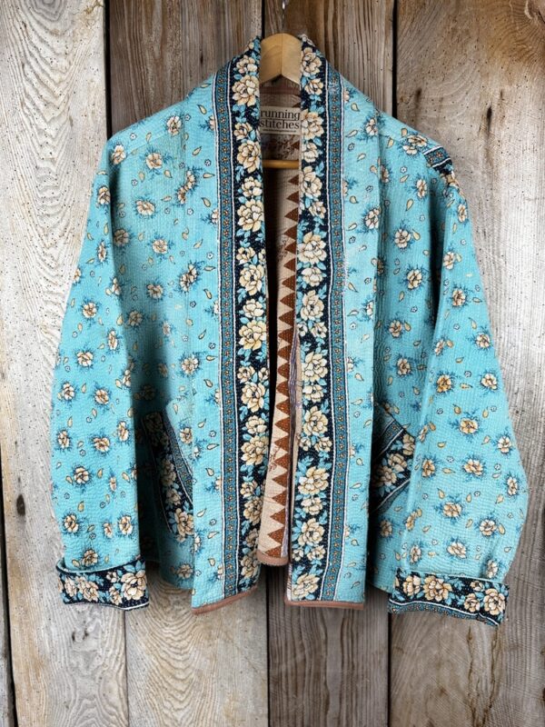 Vintage cotton Kantha Jacket with finely hand stitched details, rich textures and colours.