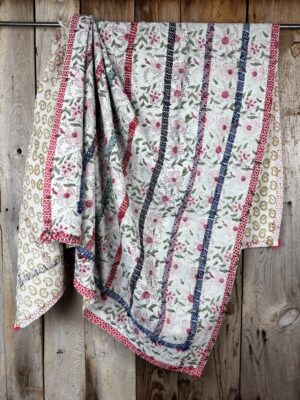 Exquisite vintage block printed Kantha quilt featuring authentic hand-stitched motifs and embroidery, responsibly sourced and perfect as unique homeware.