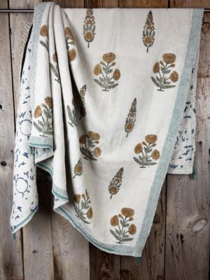 Exquisite vintage block printed Kantha quilt featuring authentic hand-stitched motifs and embroidery, responsibly sourced and perfect as unique homeware.