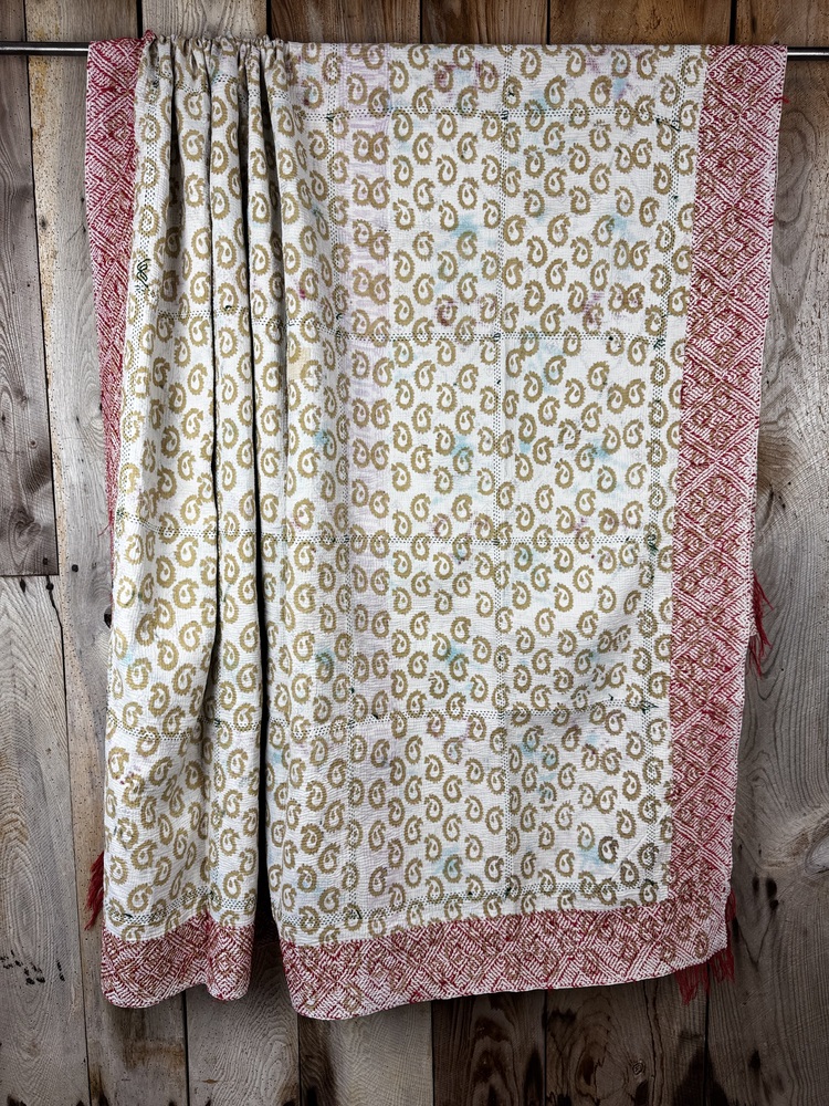 Exquisite vintage block printed Kantha quilt featuring authentic hand-stitched motifs and embroidery, responsibly sourced and perfect as unique homeware.