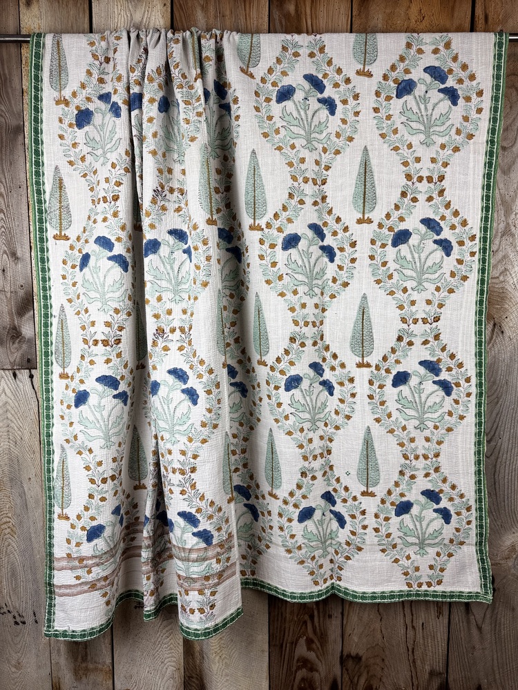 Exquisite vintage block printed Kantha quilt featuring authentic hand-stitched motifs and embroidery, responsibly sourced and perfect as unique homeware.