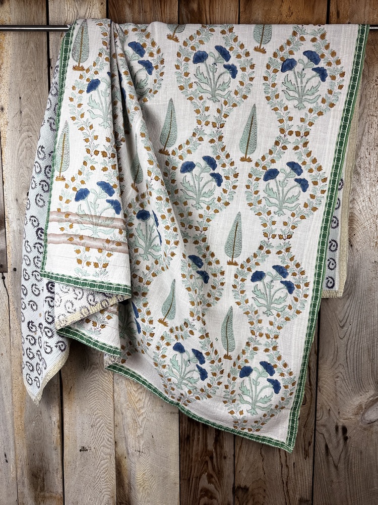 Exquisite vintage block printed Kantha quilt featuring authentic hand-stitched motifs and embroidery, responsibly sourced and perfect as unique homeware.