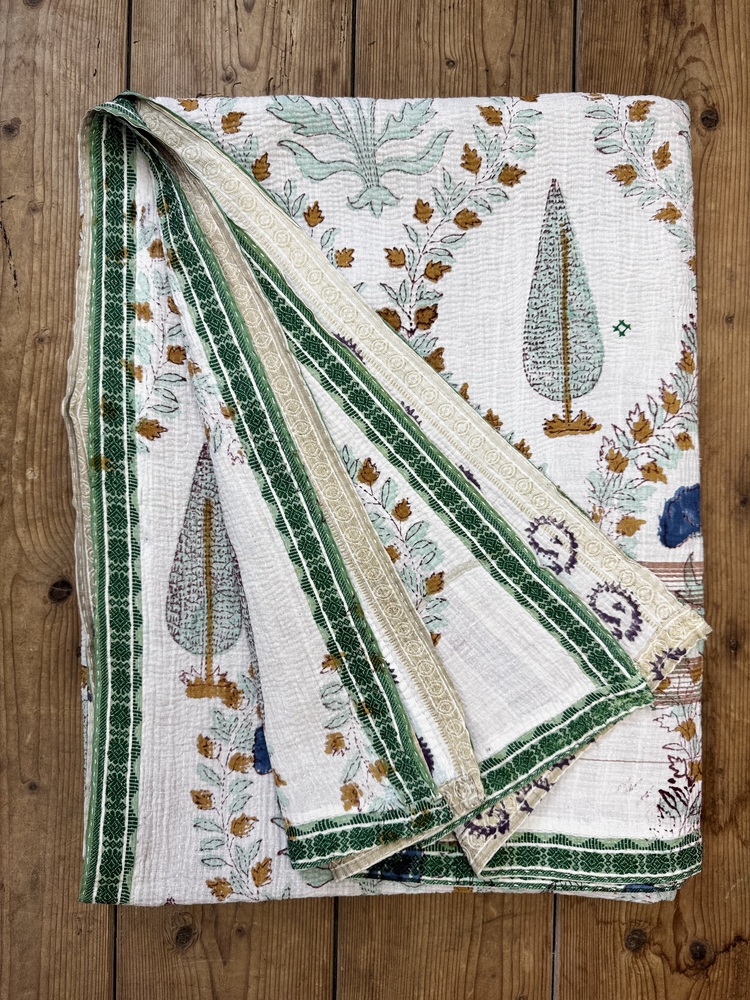 Exquisite vintage block printed Kantha quilt featuring authentic hand-stitched motifs and embroidery, responsibly sourced and perfect as unique homeware.