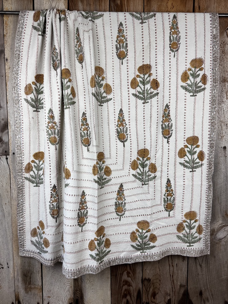 Exquisite vintage block printed Kantha quilt featuring authentic hand-stitched motifs and embroidery, responsibly sourced and perfect as unique homeware.