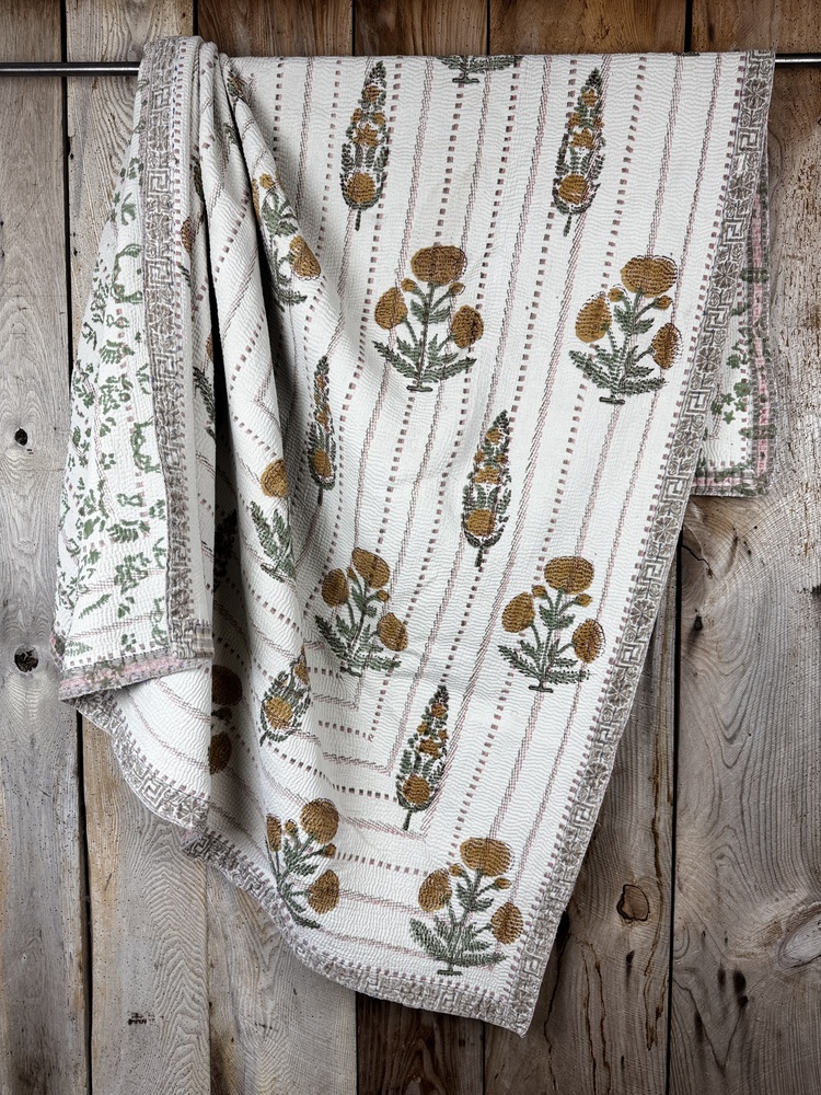 Exquisite vintage block printed Kantha quilt featuring authentic hand-stitched motifs and embroidery, responsibly sourced and perfect as unique homeware.