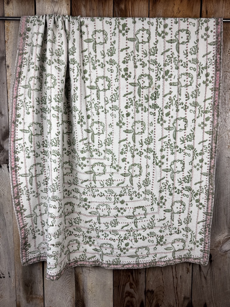 Exquisite vintage block printed Kantha quilt featuring authentic hand-stitched motifs and embroidery, responsibly sourced and perfect as unique homeware.