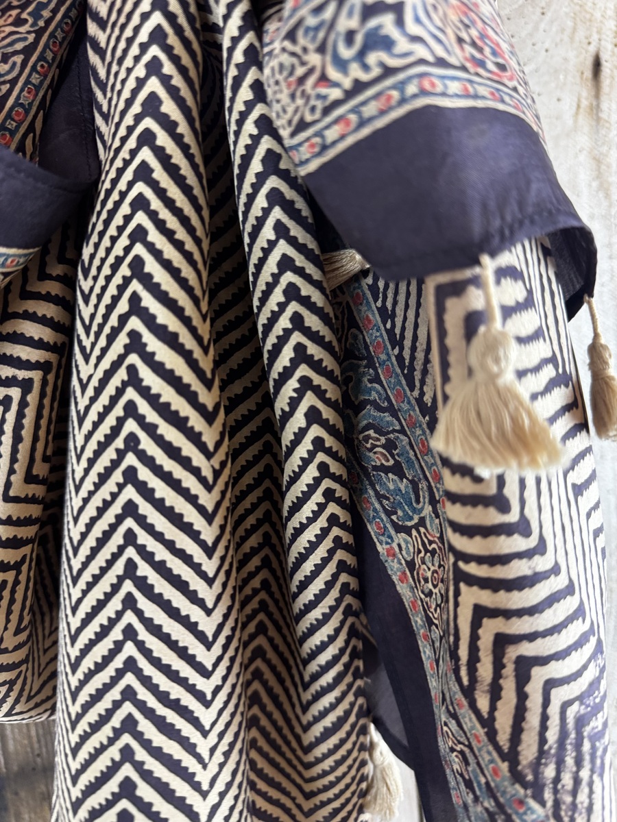 Mulberry silk scarf, block printed with natural dyes by Sufyian Khatri. The perfect lightweight unique accessory for any outfit.