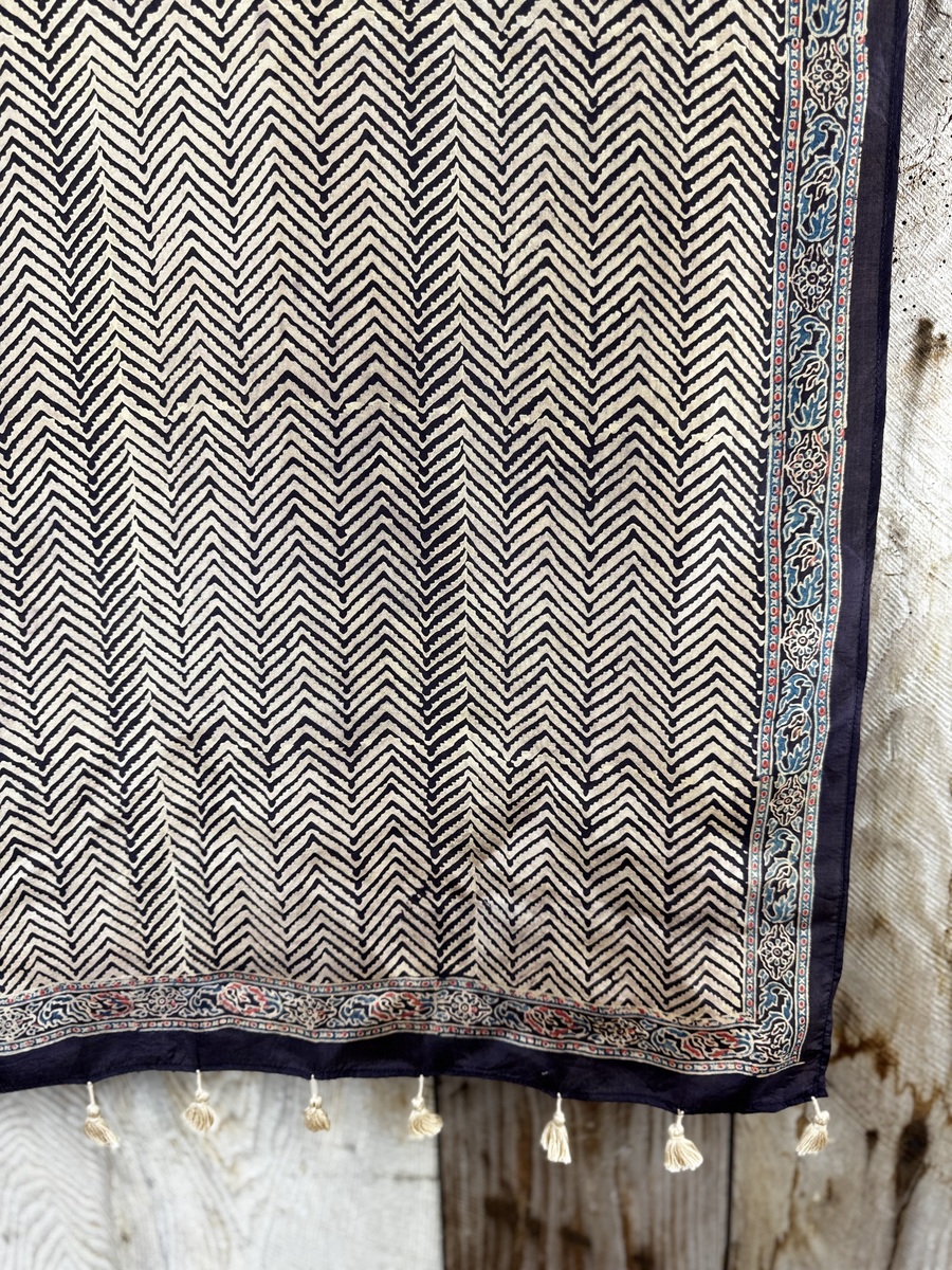 Mulberry silk scarf, block printed with natural dyes by Sufyian Khatri. The perfect lightweight unique accessory for any outfit.