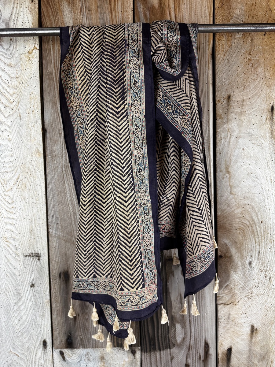 Mulberry silk scarf, block printed with natural dyes by Sufyian Khatri. The perfect lightweight unique accessory for any outfit.