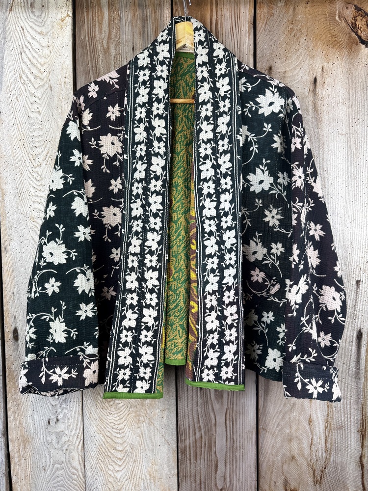 Vintage cotton Kantha Jacket with finely hand stitched details, rich textures and colours.