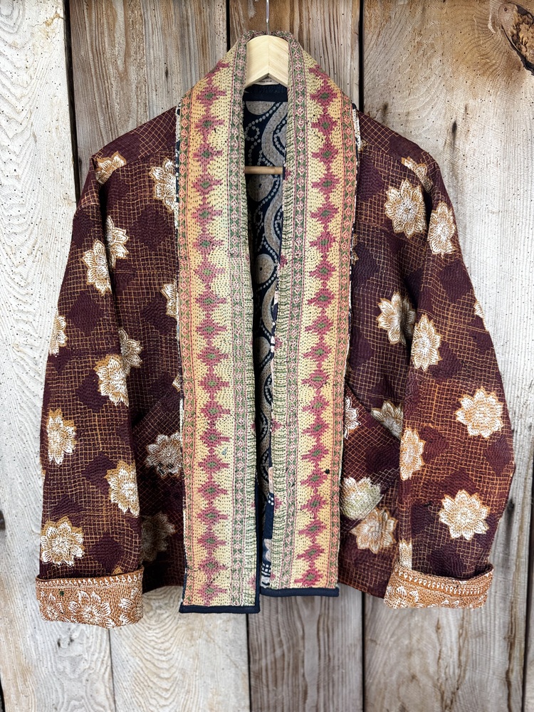 Vintage cotton Kantha Jacket with finely hand stitched details, rich textures and colours.