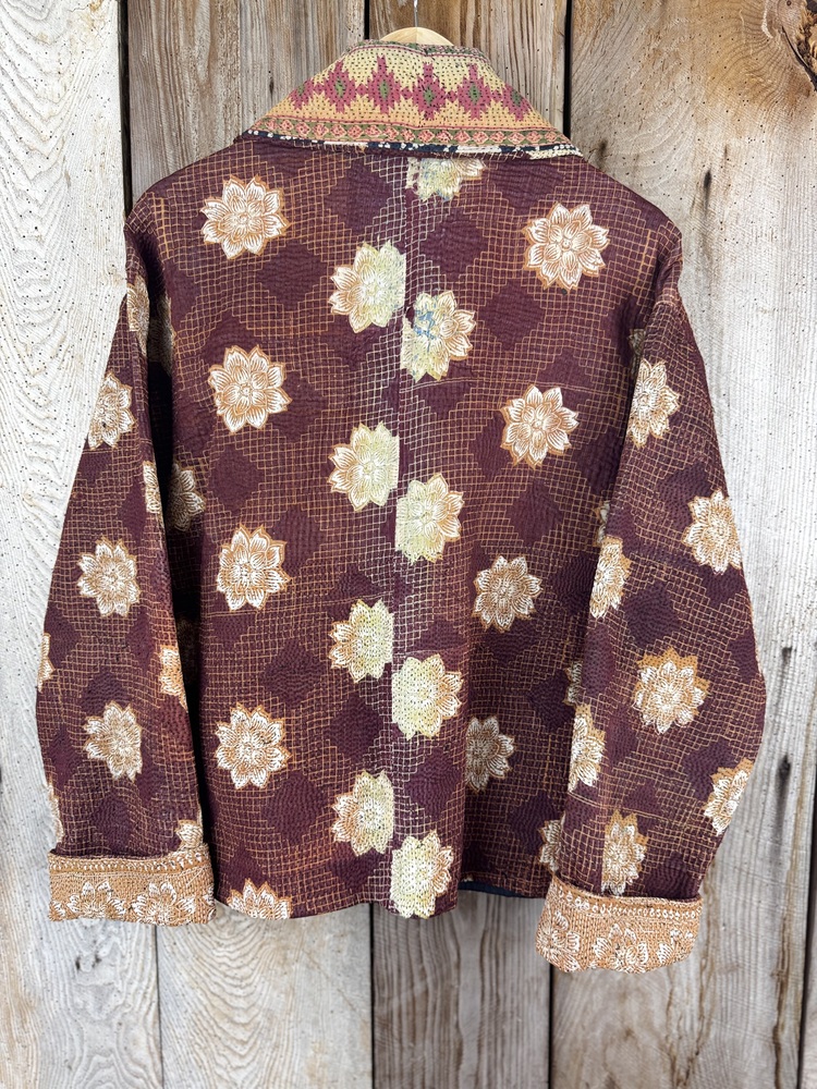 Vintage cotton Kantha Jacket with finely hand stitched details, rich textures and colours.