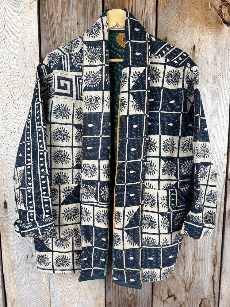 Vintage cotton Kantha Jacket with finely hand stitched details, rich textures and colours.