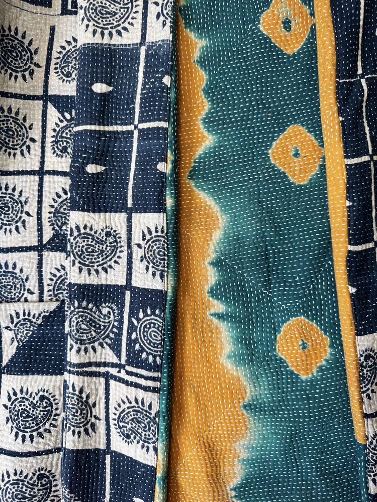Vintage cotton Kantha Jacket with finely hand stitched details, rich textures and colours.