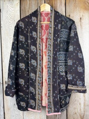 Vintage cotton Kantha Jacket with finely hand stitched details, rich textures and colours.
