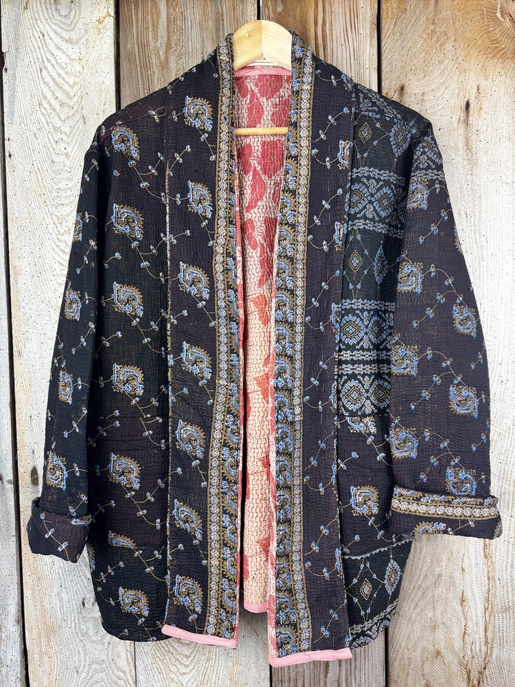 Vintage cotton Kantha Jacket with finely hand stitched details, rich textures and colours.