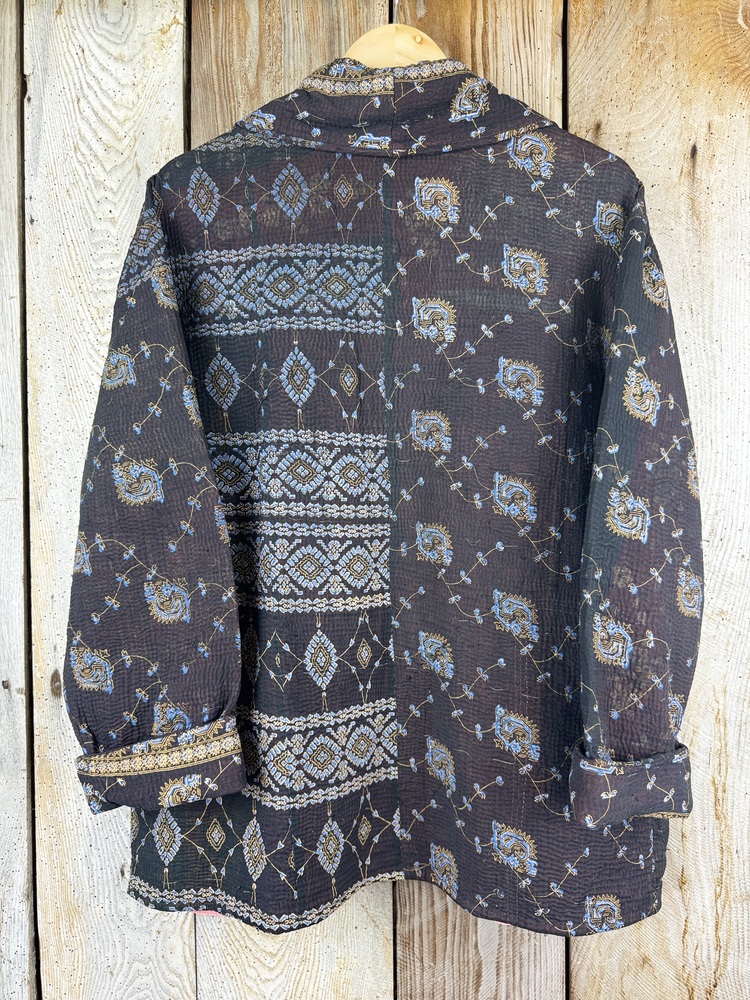 Vintage cotton Kantha Jacket with finely hand stitched details, rich textures and colours.