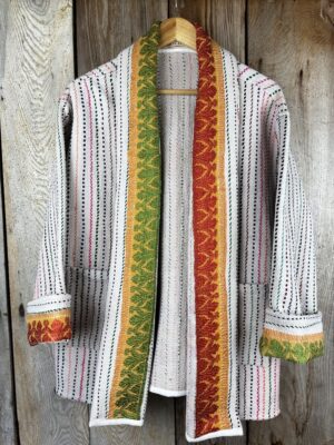 Vintage cotton Kantha Jacket with finely hand stitched details, rich textures and colours.