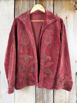 Hand embroidered cotton velvet jacket with soft texture, cosy easy fit, and intricate artisanal detailing.