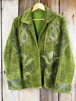 Hand embroidered cotton velvet jacket with soft texture, cosy easy fit, and intricate artisanal detailing.