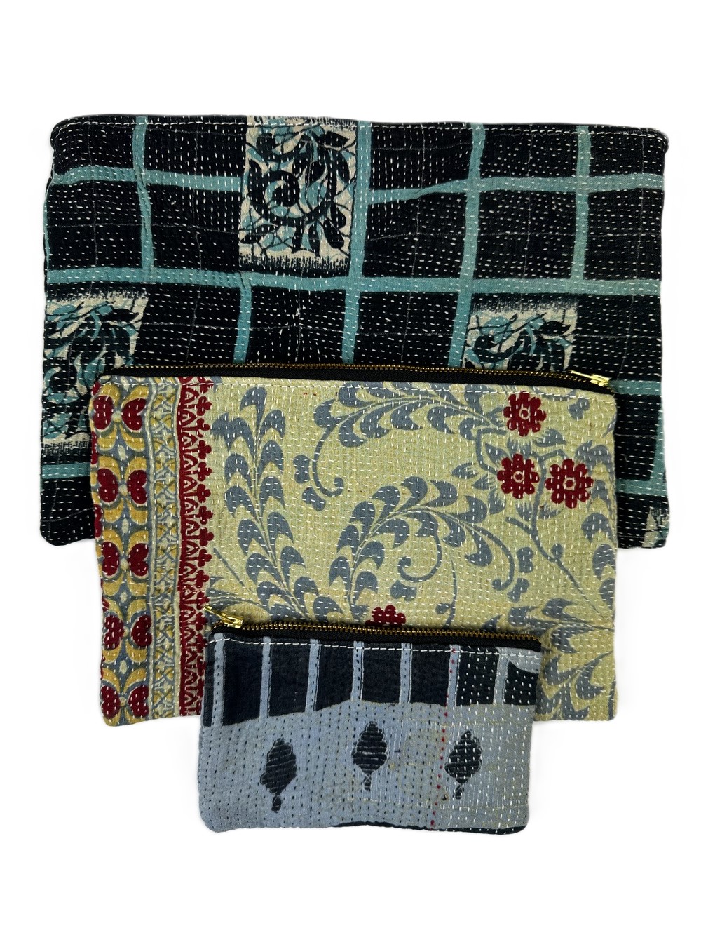 Colourful cotton kantha bags, pockets and purses, great for organising the smaller things in life. Made from recycled kantha quilts for the perfect accessory.