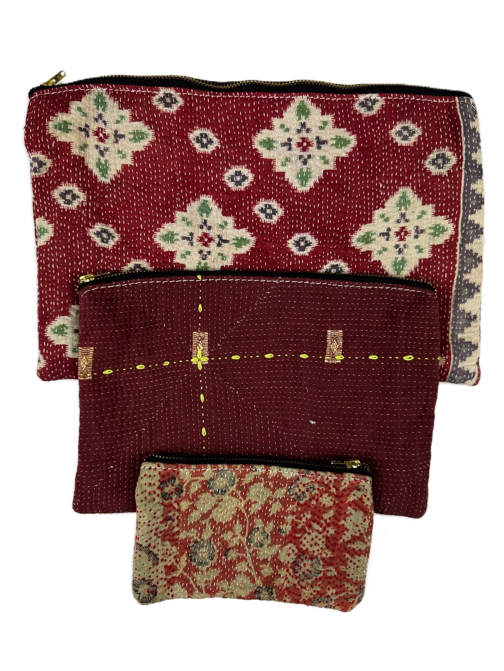 Colourful cotton kantha bags, pockets and purses, great for organising the smaller things in life. Made from recycled kantha quilts for the perfect accessory.