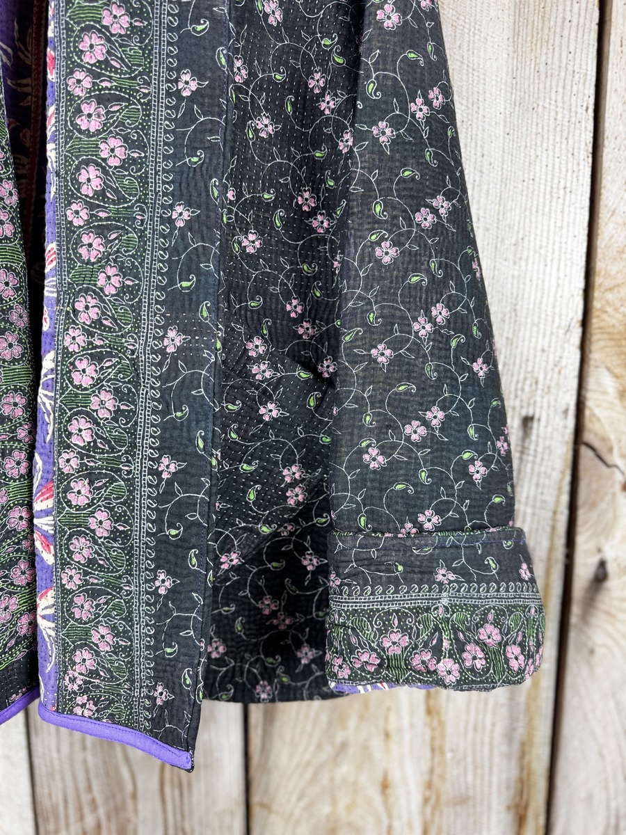 Vintage cotton Cropped Clara Kantha Jacket with finely hand stitched details, rich textures and colours.