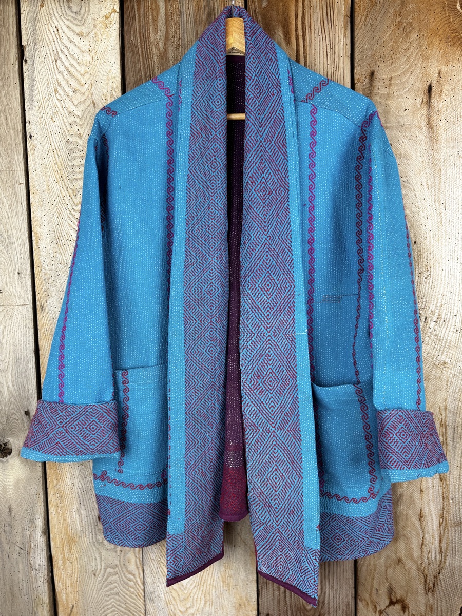 Vintage cotton Clara Kantha Jacket with finely hand stitched details, rich textures and colours.