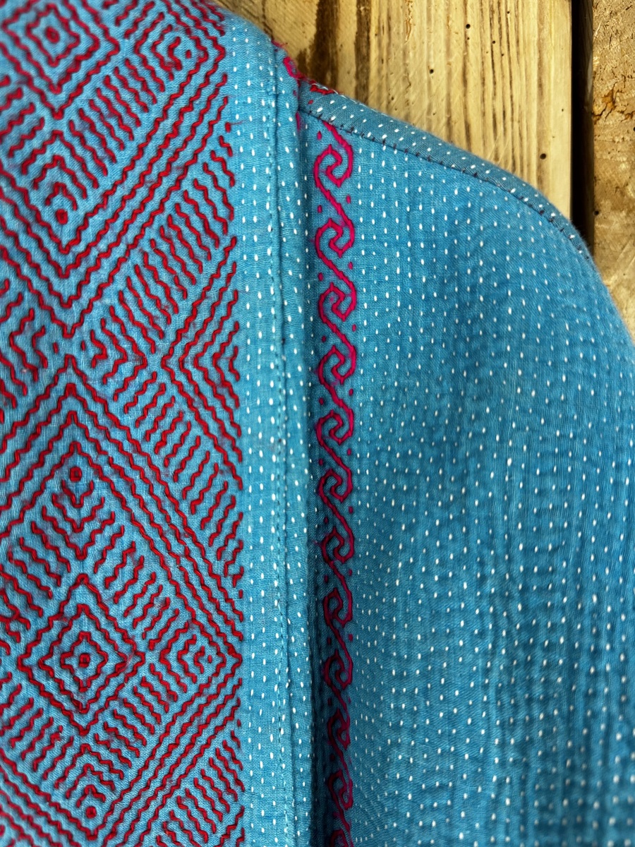 Vintage cotton Clara Kantha Jacket with finely hand stitched details, rich textures and colours.