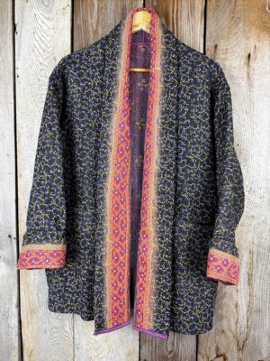 Vintage cotton Clara Kantha Jacket with finely hand stitched details, rich textures and colours.