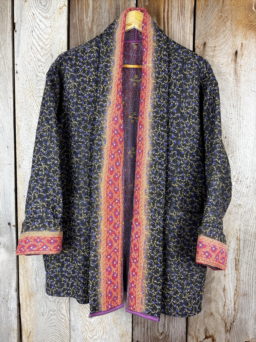 Vintage cotton Clara Kantha Jacket with finely hand stitched details, rich textures and colours.