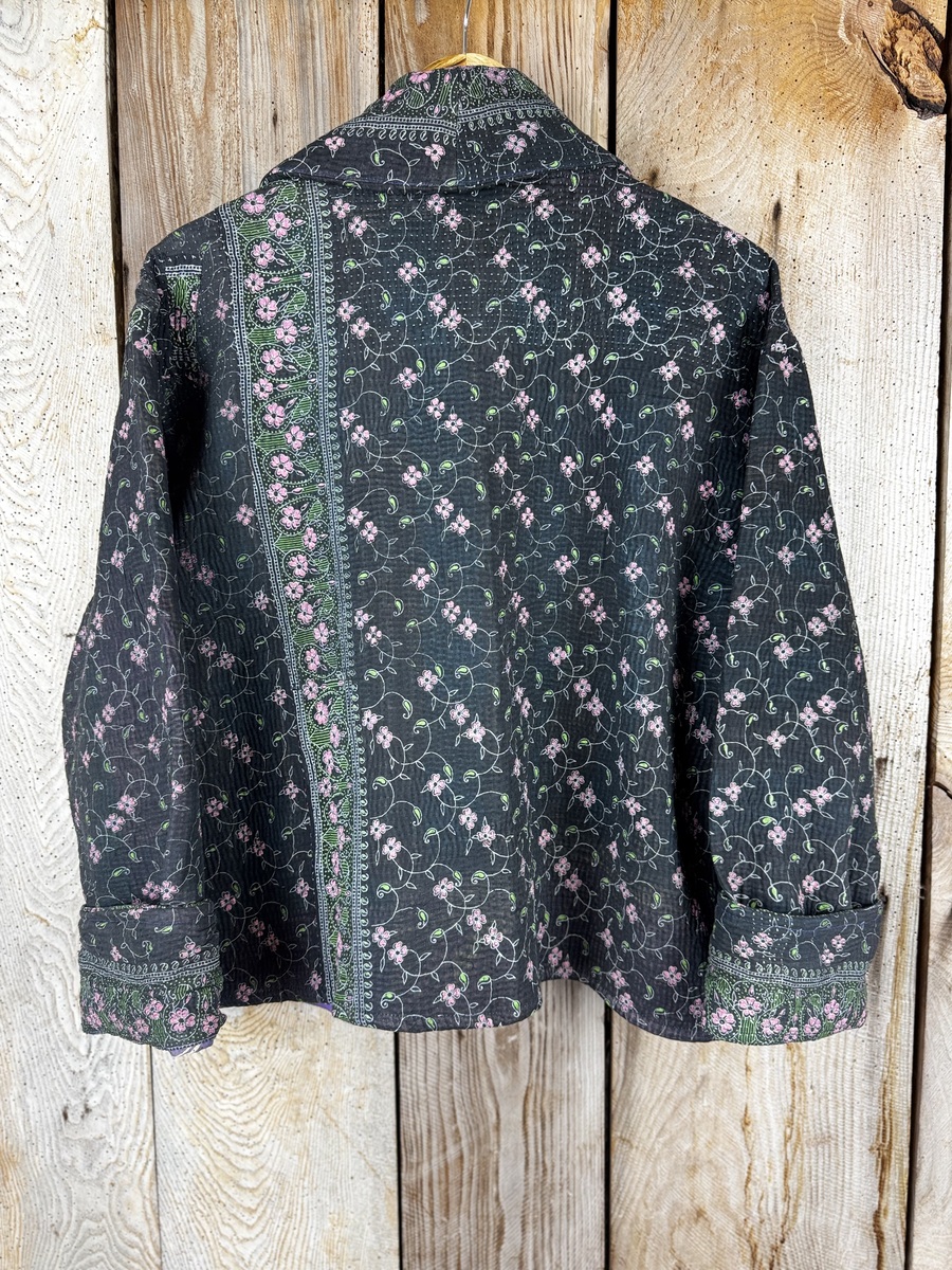 Vintage cotton Cropped Clara Kantha Jacket with finely hand stitched details, rich textures and colours.
