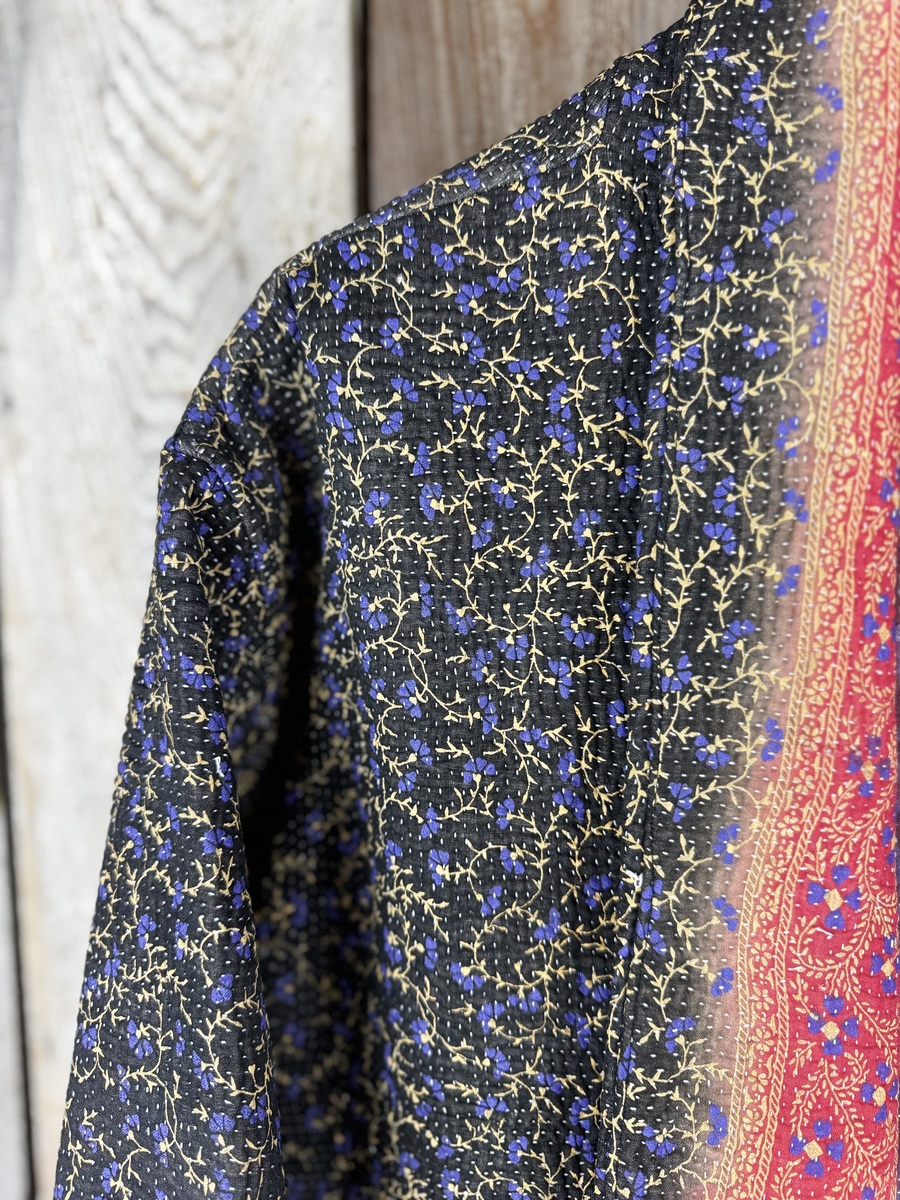 Vintage cotton Clara Kantha Jacket with finely hand stitched details, rich textures and colours.