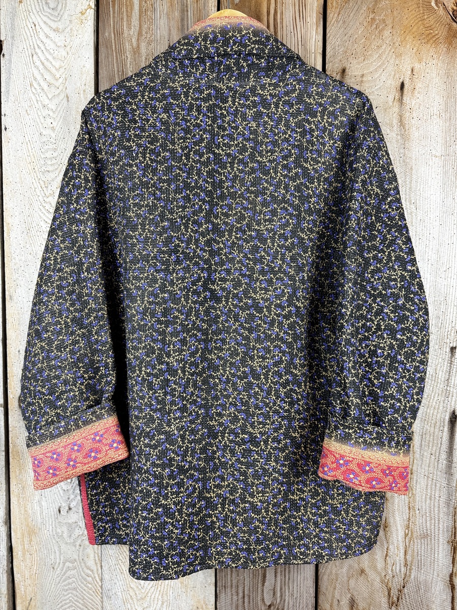 Vintage cotton Clara Kantha Jacket with finely hand stitched details, rich textures and colours.