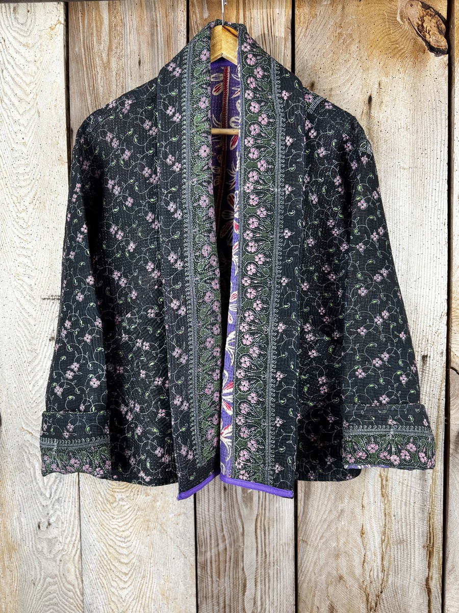 Vintage cotton Cropped Clara Kantha Jacket with finely hand stitched details, rich textures and colours.