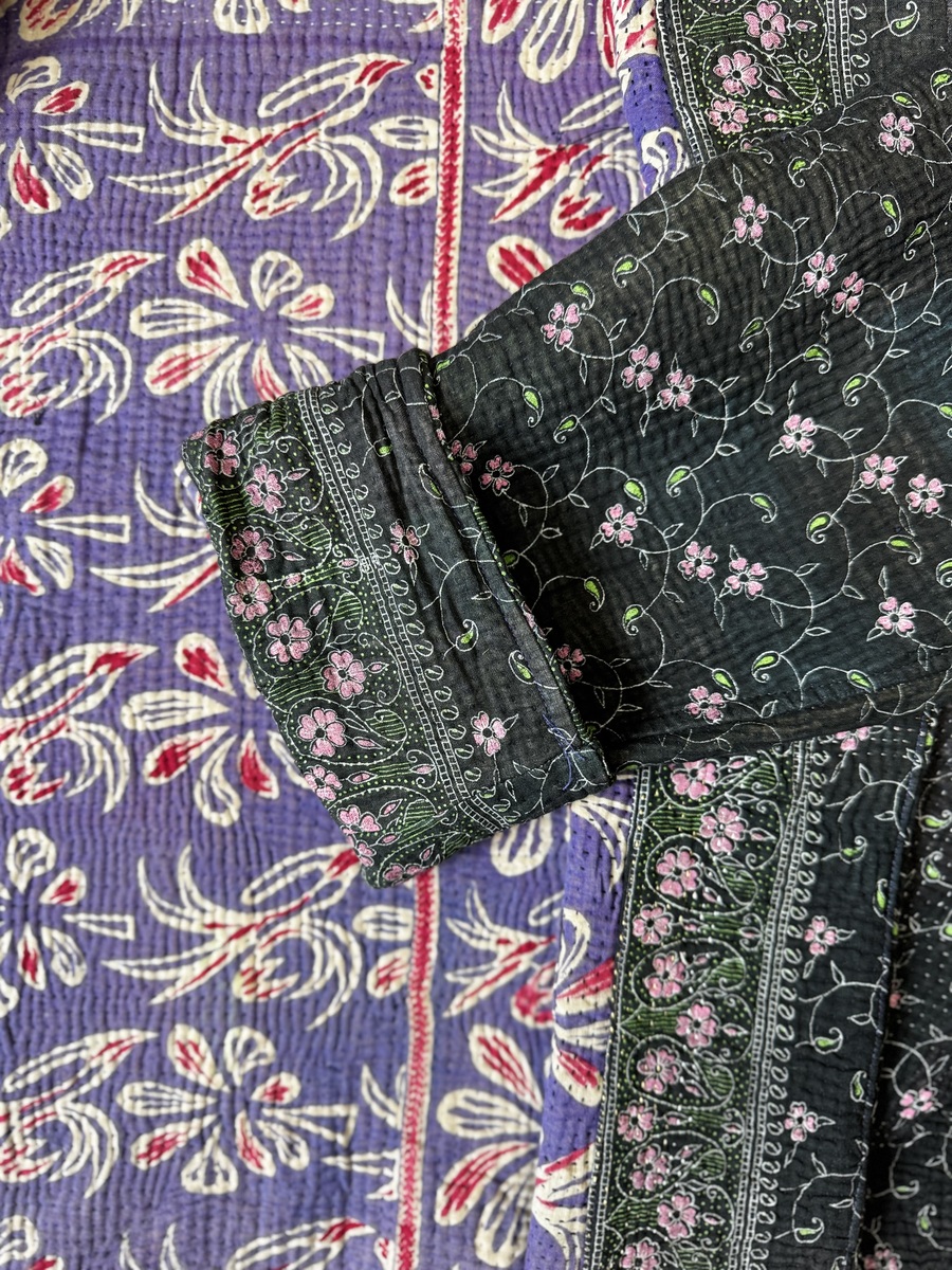 Vintage cotton Cropped Clara Kantha Jacket with finely hand stitched details, rich textures and colours.