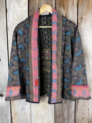 Vintage cotton Cropped Clara Kantha Jacket with finely hand stitched details, rich textures and colours.