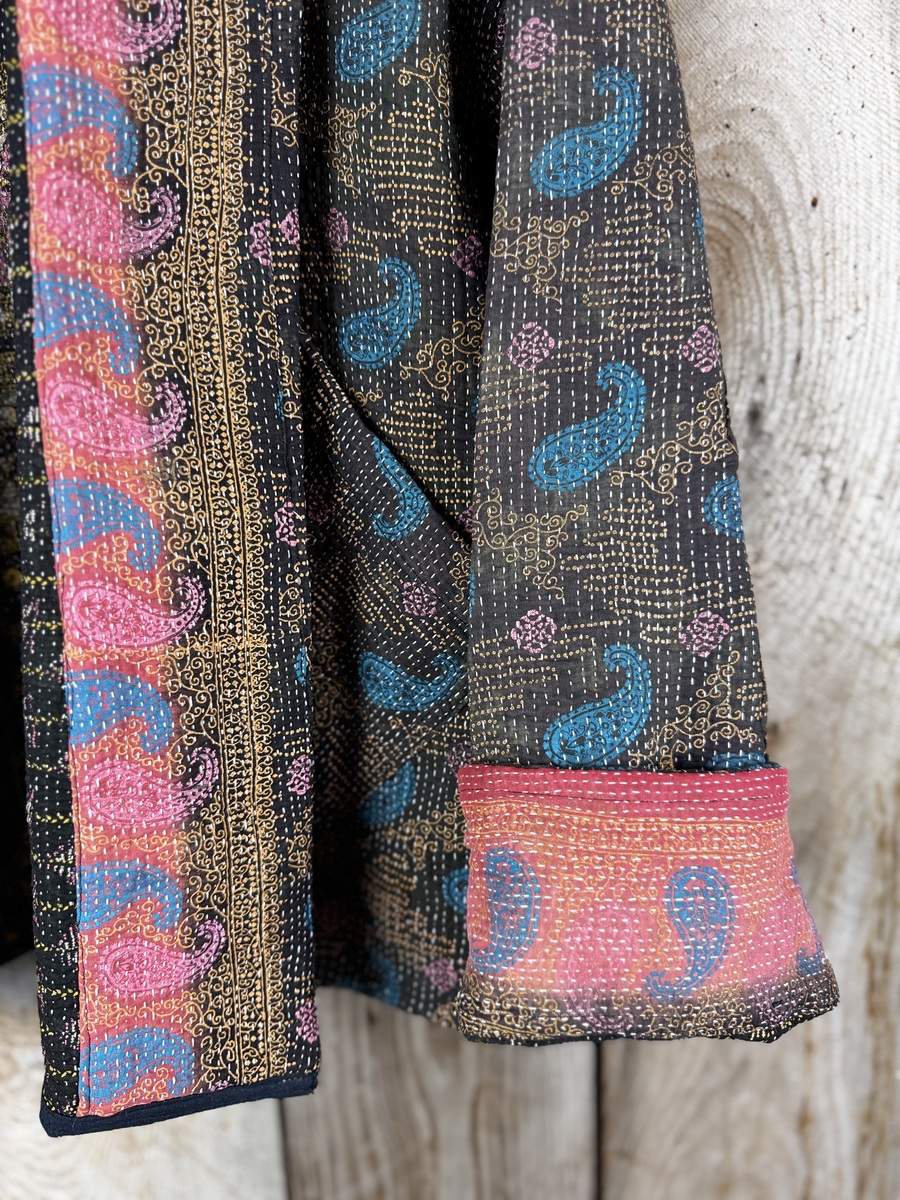 Vintage cotton Cropped Clara Kantha Jacket with finely hand stitched details, rich textures and colours.