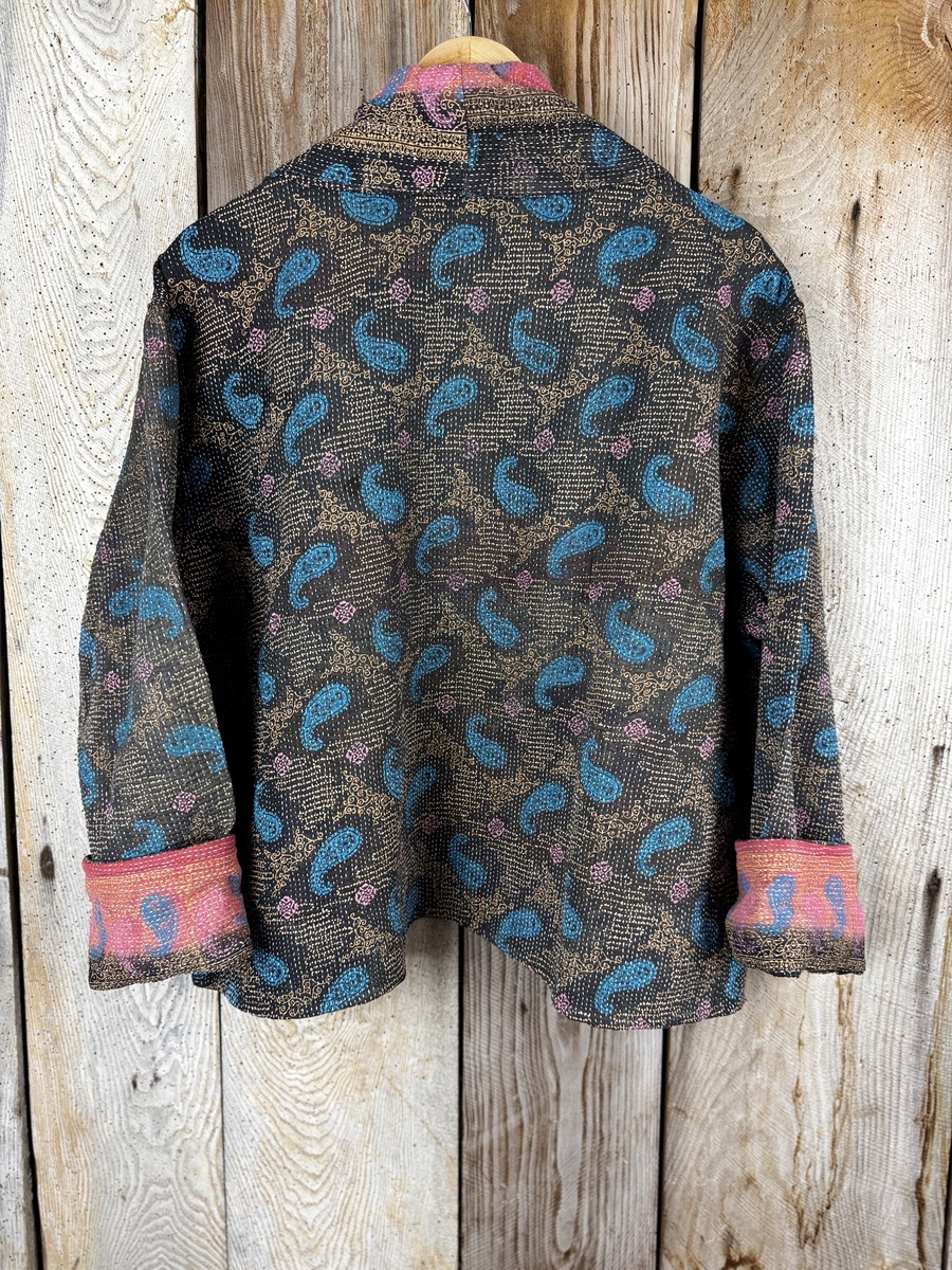 Vintage cotton Cropped Clara Kantha Jacket with finely hand stitched details, rich textures and colours.